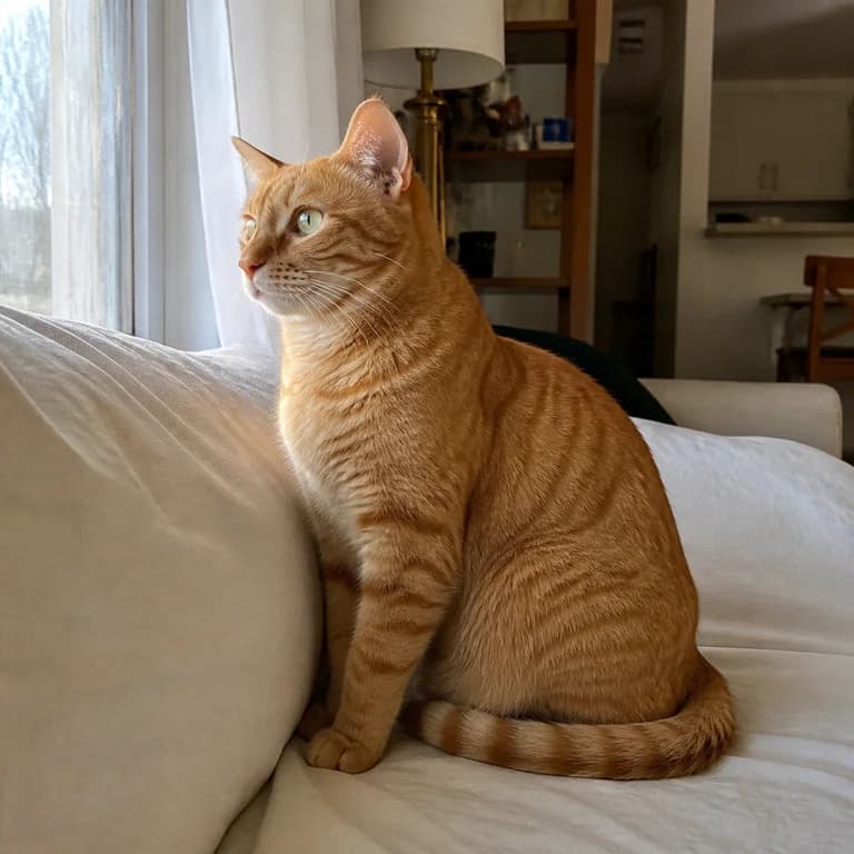 Orange tabby cat sitting on a sofa beside a sunny window